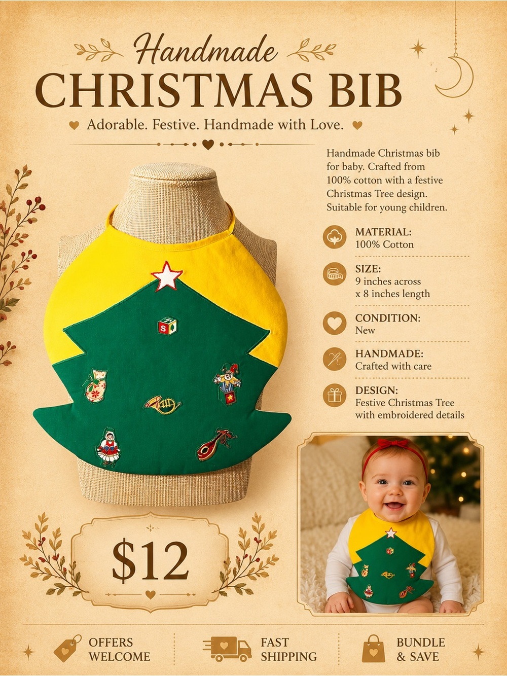 Handmade Baby Christmas Bib 100% Cotton
